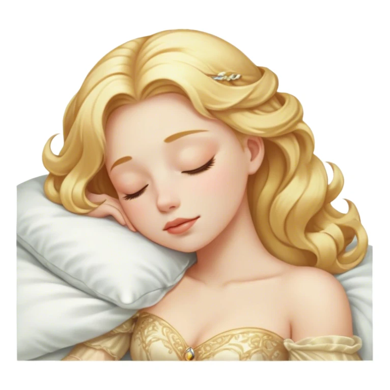 Cinematic Realistic Sleeping Cinderella Portrait, portrayed with exceptional realism: her luminous porcelain skin and exquisitely detailed golden-blonde hair lie softly under the gentle caress of natural light. Her eyes are peacefully closed in a serene, dreamlike slumber, and every fold and shimmer of her iconic ball gown is rendered with painstaking detail. The overall composition radiates a quiet, enchanting glow that encapsulates the timeless, restful beauty of a princess lost in a gentle, magical dream. sticker
