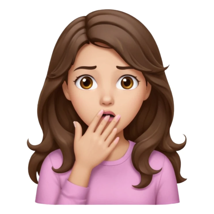 girl with wavy long brown hair, brown eyes, light to medium complexion, long lashes, light pink lipstick, wearing light pink shirt, shocked, hand covering mouth sticker