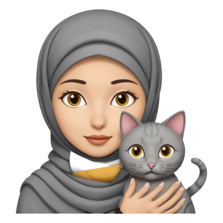 wanita berhijab warna abu abu dengan 1 kucing sticker