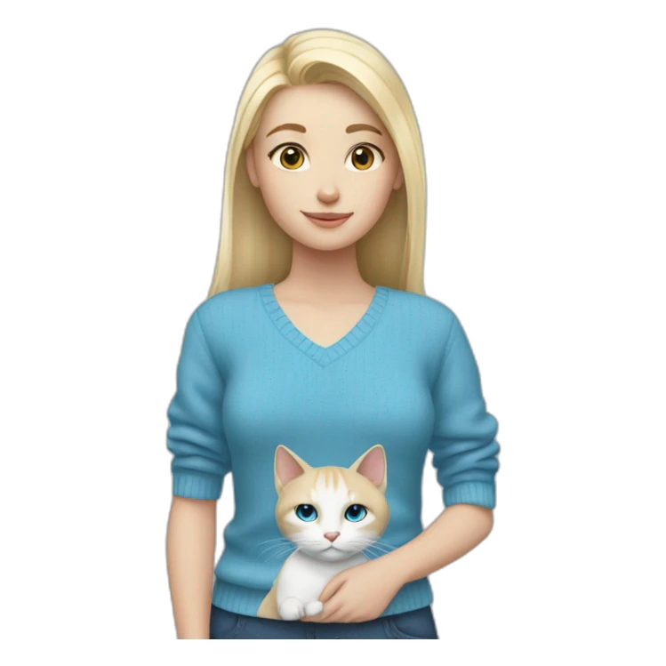 Blonde girl in blue sweater and with white cat sticker