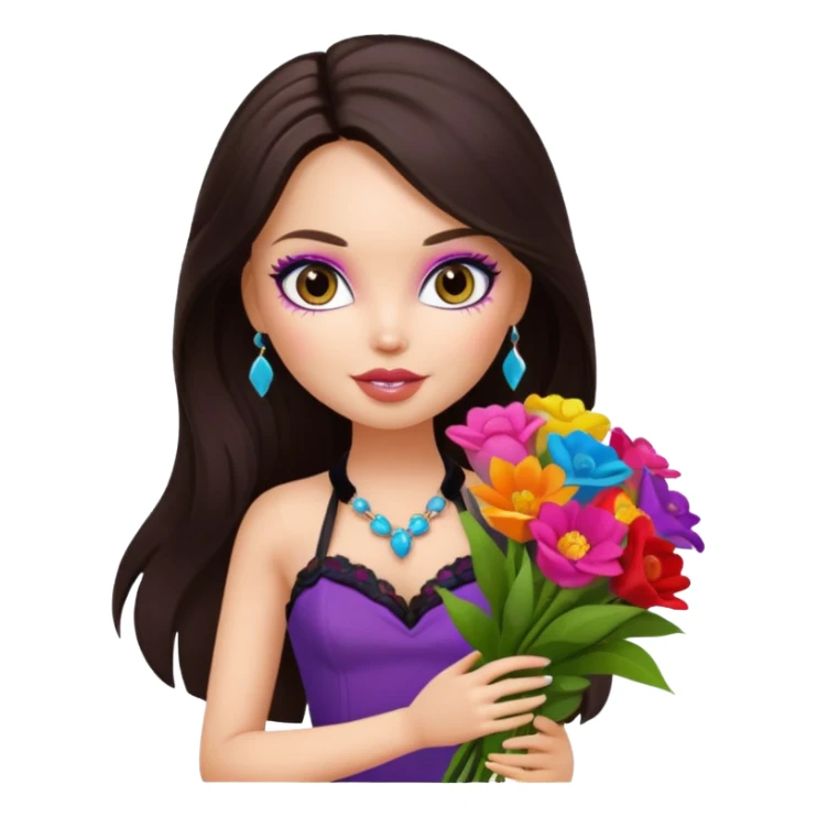 pretty bratz doll with makeup with dark halterneck top, long dark brown hair holding big bouquet of flowers sticker