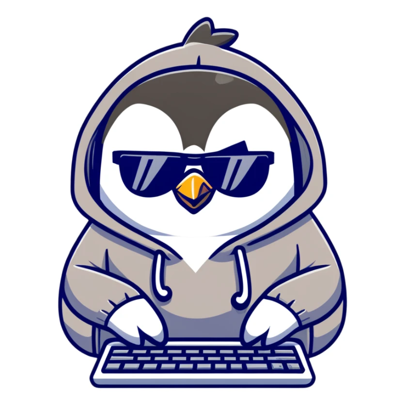 A cool penguin wearing a hoodie with sunglasses perched on head, typing with one flipper on a sleek keyboard sticker