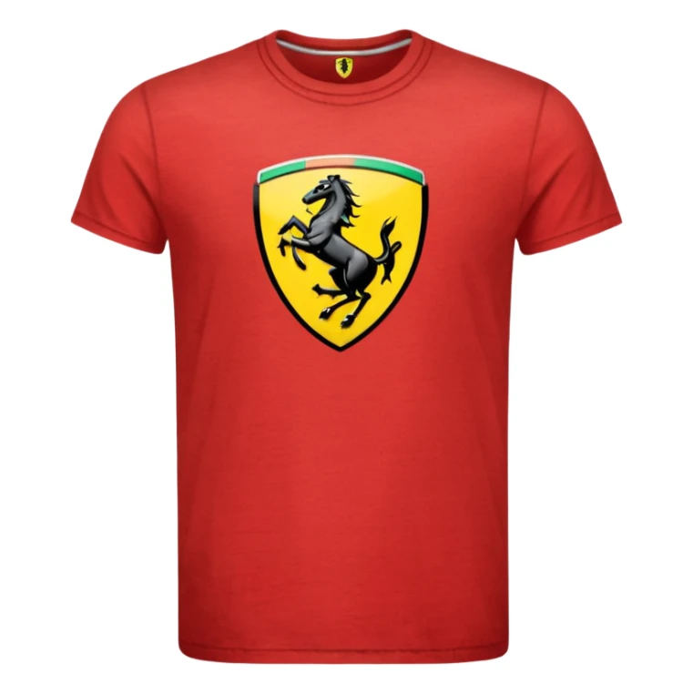 A red tshirt with a ferrari logo sticker