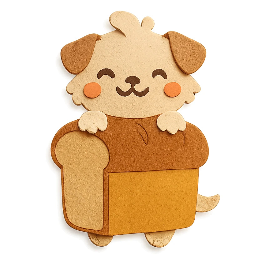 chibi bread maker-dog hybrid, fluffy, peeking from a bread loaf, cheerful, warm beige, full-body sticker