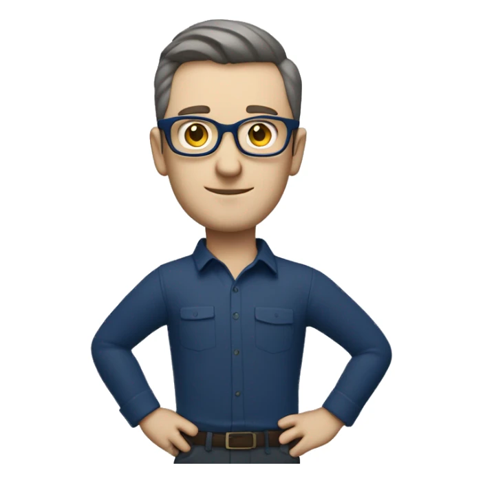 caucasian white man with dark hair, blue glasses, and carrying design plan because he is an architect and a pencil and a set model maquette. wearing a navy blue long sleeve shirt. smart.  sticker