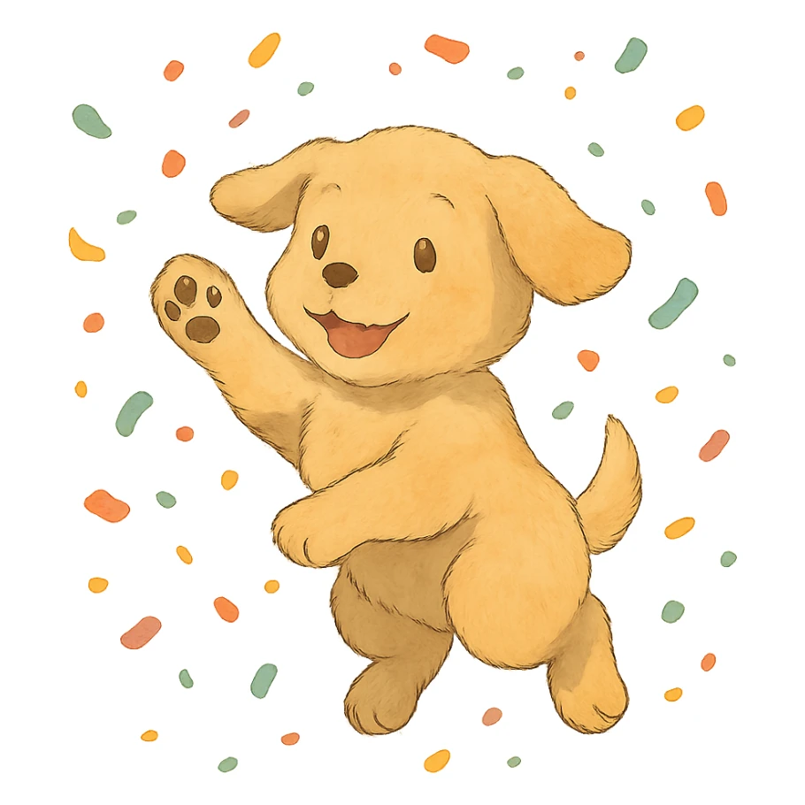 puppy jumping in confetti with paw up, soft ghibli style sticker