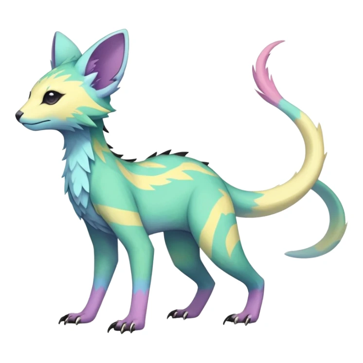 Rare realistic exotic edgy pastel epic pretty beautiful handsome gorgeous aesthetic colorful vibrant Vernid-Trico-species-Fakemon-creature by LiLaiRa, 4 legs, 1 tail, random markings, (full body) sticker