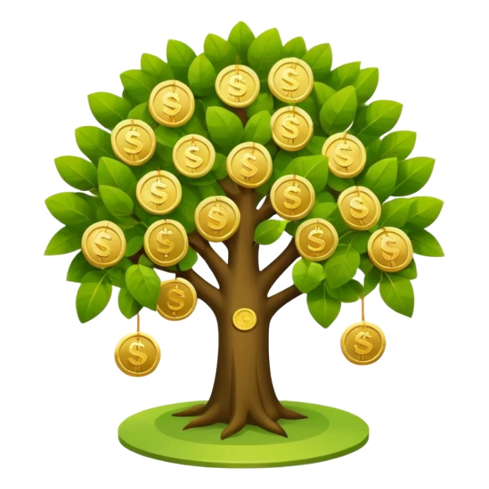 Apple-style money tree (10 coints), round soft green canopy.
No pot, no ground — only the tree.
Small gold coins as fruits inside the leaves (not below).
Flat 2D vector, clean shapes, no gradients.
Dark near-black background, premium fintech icon. sticker