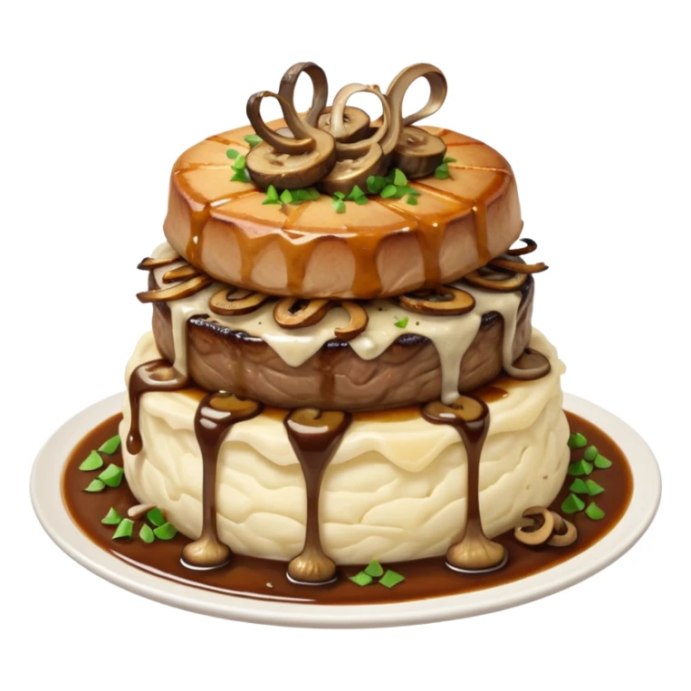 Filet mignon, on a bed of mashed potatoes and gravy , smothered in grilled stringy onions and grilled mushrooms, topped with crispy onions  sticker