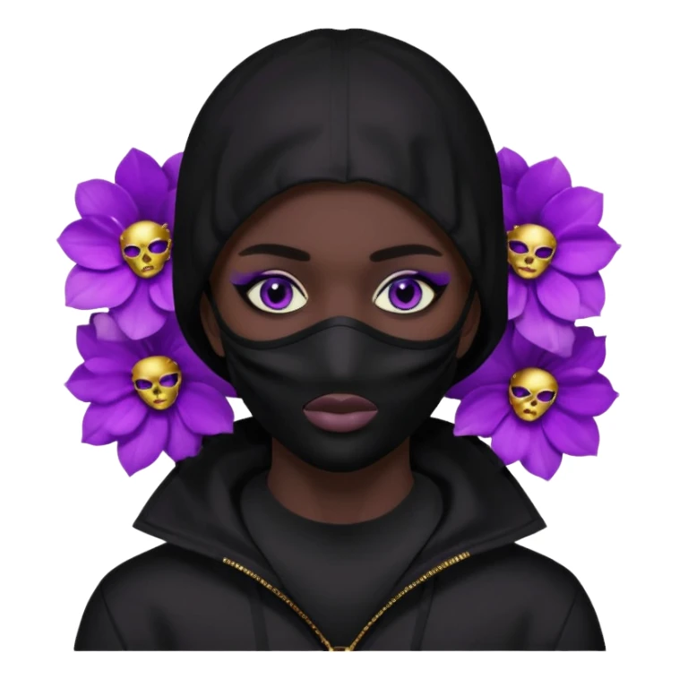 no visible face non human cartoon character related to a shadow, with all black clothes, focusing a black hoodie, and a black versace face mask covering his entire face, just his purple shadow eyes making a light bloom sticker