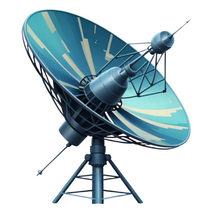 Minimalist emoji-style sticker of an old-school satellite antenna with distorted, glitched signal waves. Clean icon style. sticker