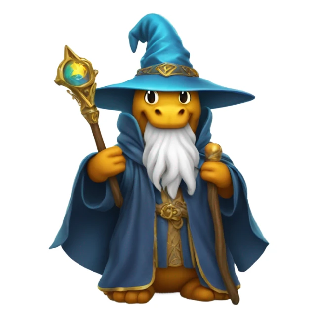A dragon with a wizards hat and robe, holding a staff  sticker