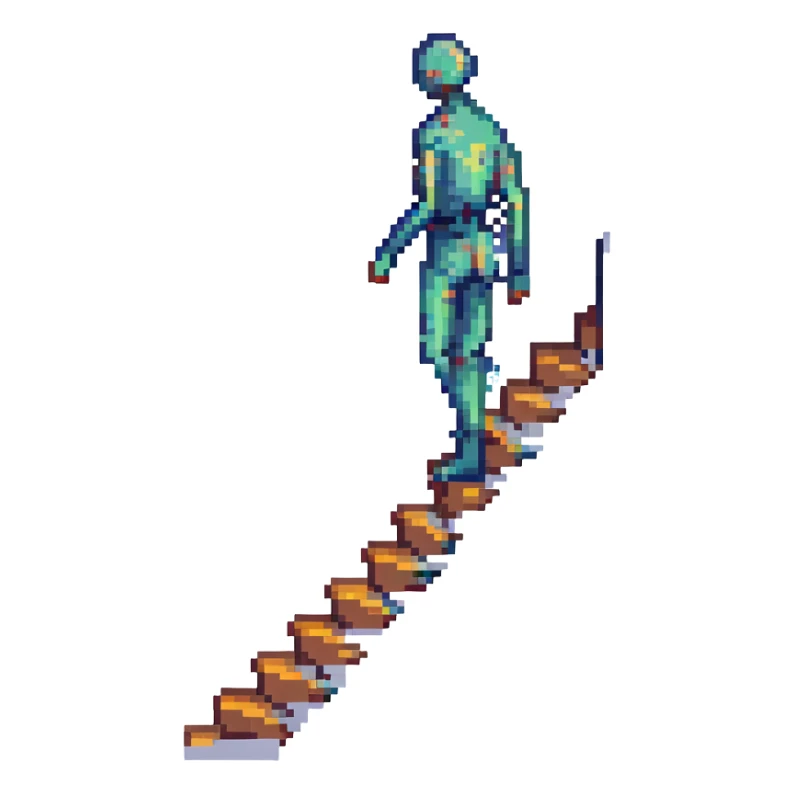 pixel art of a person whose body transforms into a staircase, with steps forming part of their limbs sticker