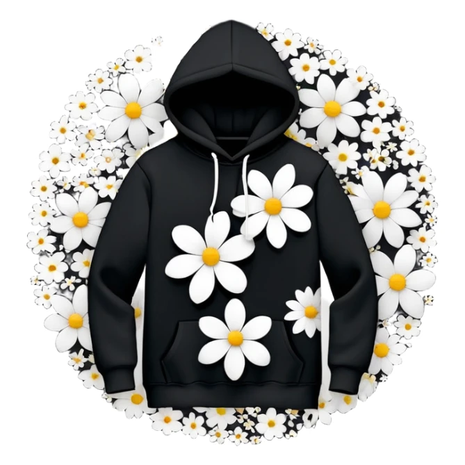 "Design a black hoodie adorned with scattered, medium-sized black and white flowers. Each flower should consist of a bold, thick white ring forming the petals, with a completely hollow center, creating an open, circular look. The flowers should have an irregular, asymmetrical shape and be evenly distributed across the hoodie, including the sleeves and hood. Keep the design minimalistic—no detailed petals, shading, or filled centers, just simple, bold, hollow ring-like floral patterns." sticker
