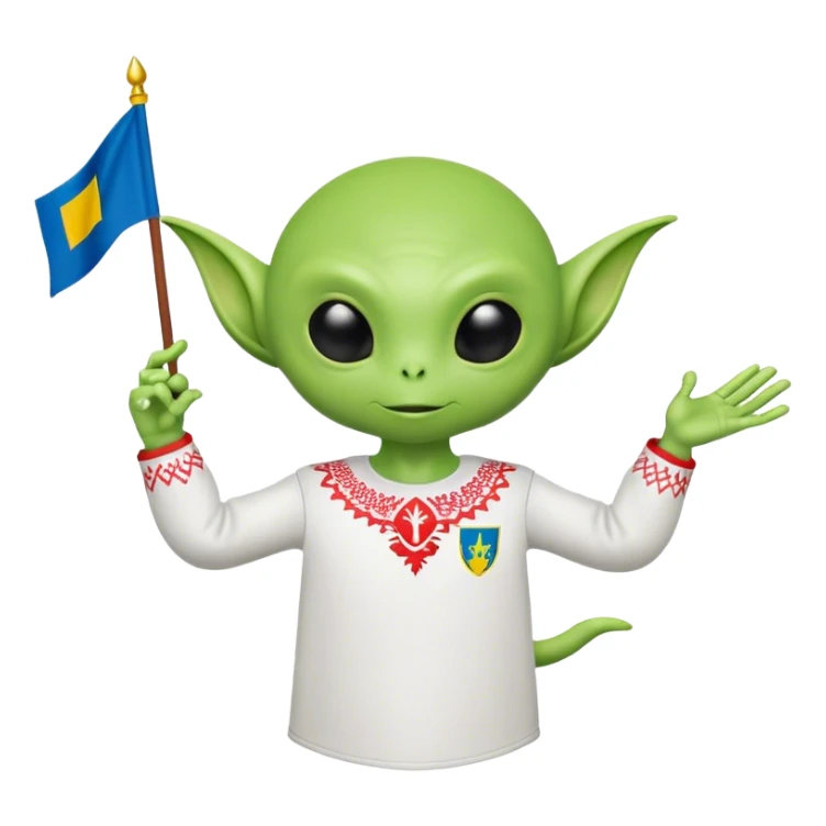 Green alien in Shirt 👚 vyshyvanka, white with red embodiary on sleeved, with 🇺🇦 Ukraine flag in a hand and 💪 sticker