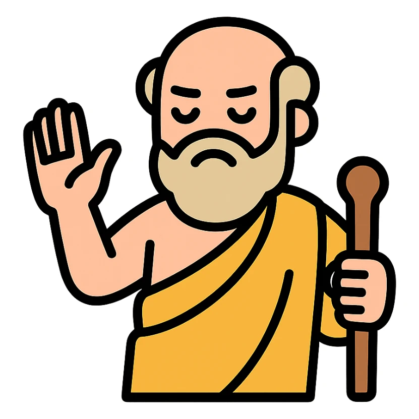 Diogenes gesturing dismissively, classic Greek robe, modern icon style sticker