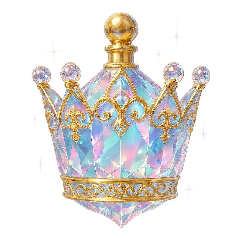 crystal luxurious elixir bottle shaped like a crown, pastel gradient, lots of shine, facets, ornaments, golden details, magical effects, very small golden neck, transparent background, beautiful connected base, clearly floating in the air, no base or shadow, very luxurious, interesting design, fits a collection sticker