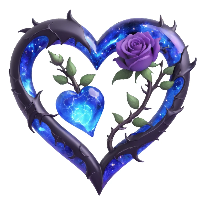 gothic heart made of cosmic black glass, silver crescent moon, galaxy roses, holographic stardust, neon blue lightning, wet and cracked glass sticker