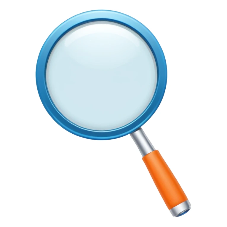 A stylized blue magnifying glass tilted right, flat design, minimalist, vibrant orange handle, white circular background, high resolution, 2048x2048 pixels, vector art, clean lines sticker