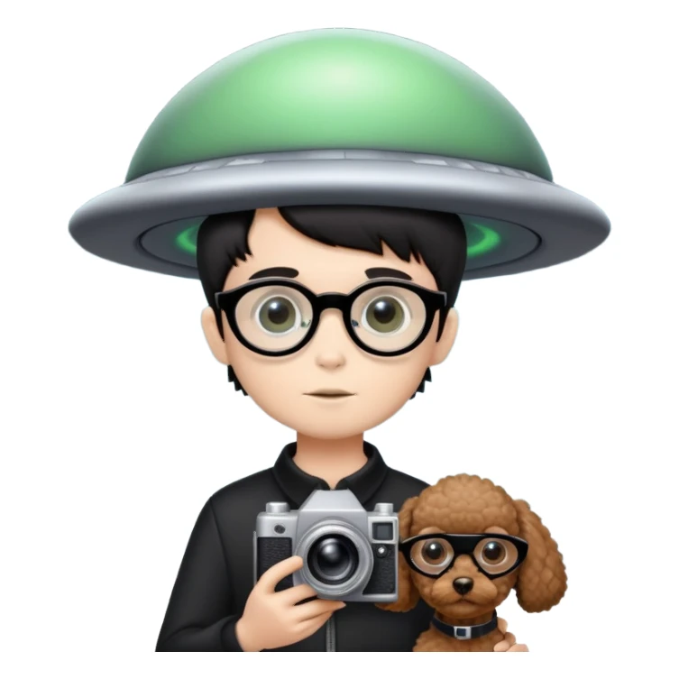 A little boy with straight black medium-length hair, white skin, and black eyes wearing black-framed glasses is taking photos on a UFO with a camera. Beside him, there is an alien and a brown round-headed poodle. sticker
