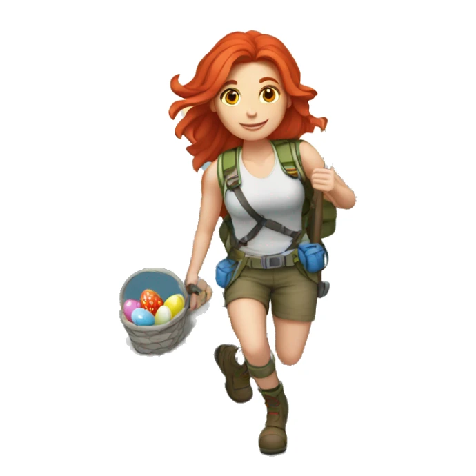 Female mountain climber red hair climbing with Greek flag and holding Easter eggs basket sticker