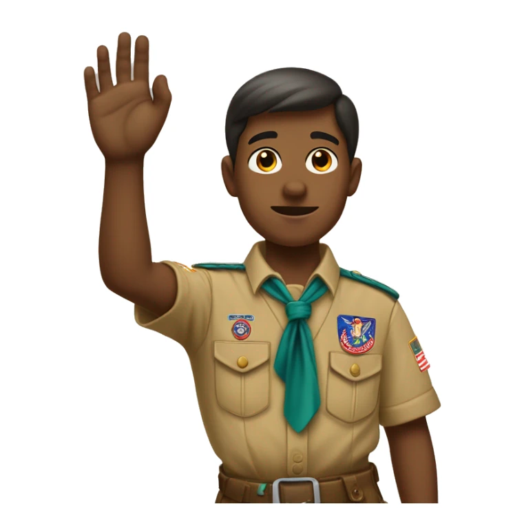 Boy-scout with his right hand up with palm facing front, with fingers straight except the thumb that is positioned over a bent pinky sticker