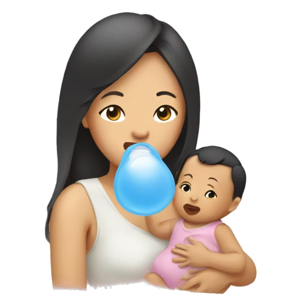 Asian woman gives her baby a pacifier sticker