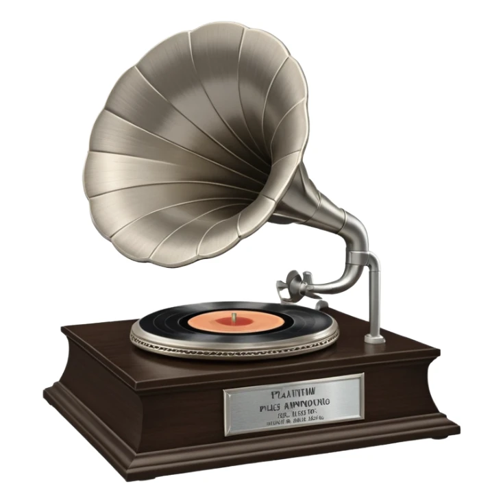 A platinum music award plaque: a square, polished platinum plate with a subtly textured, mirror-like finish, mounted on a simple dark wood base. The center features a relief of a vintage gramophone or stylized vinyl record in a slightly darker metallic tone.  sticker