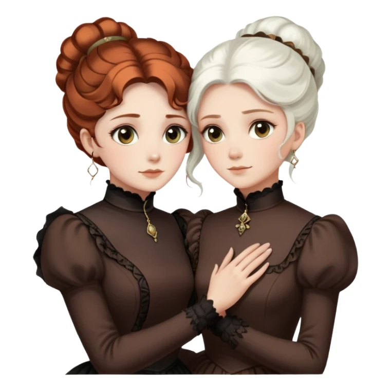 Two Victorian women with light eyes hugging closely, one with elegant white coiffed hair and one with dark copper coiffed hair, both wearing high-necked Victorian turtleneck dresses sticker