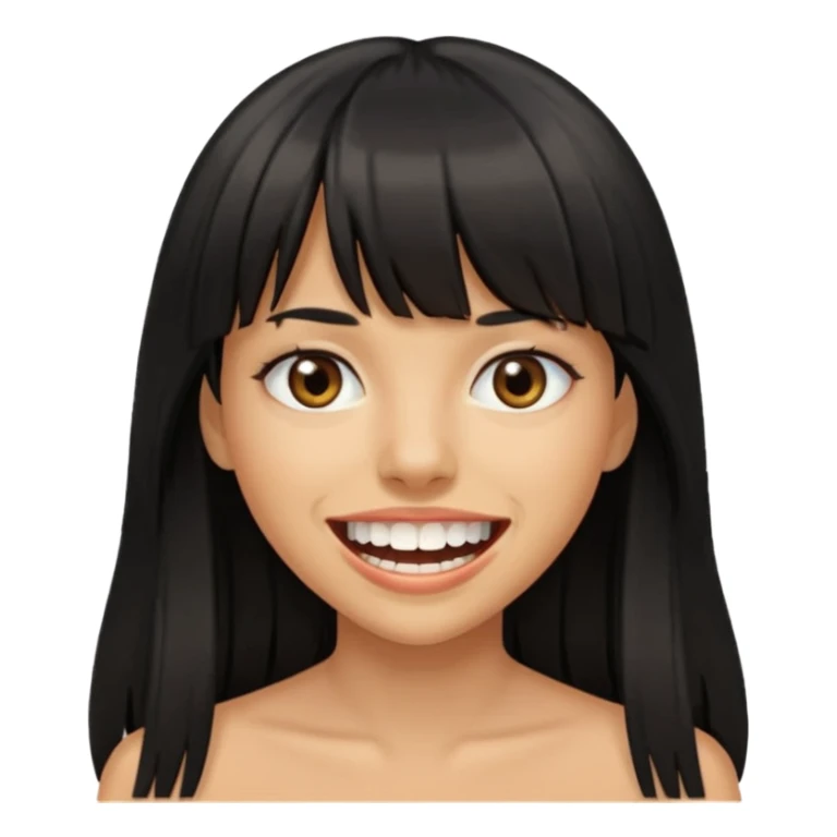 Woman a little tan with long black hairs and bangs, appearing teeth sticker