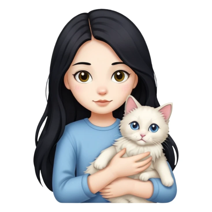 A girl with long black hair holding a cute ragdoll cat sticker