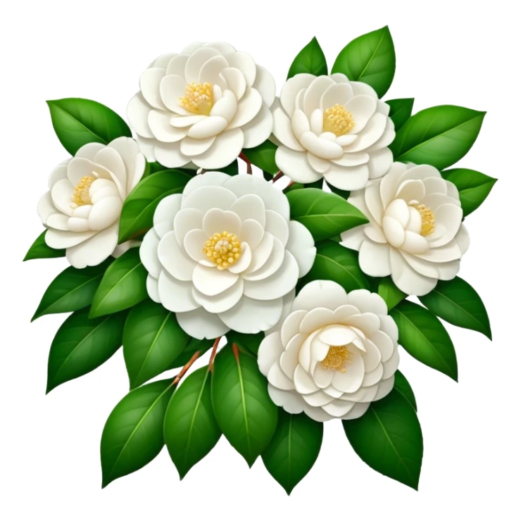 big bouquet White Camellia Japonica, luxuriant, stem, leaf sticker
