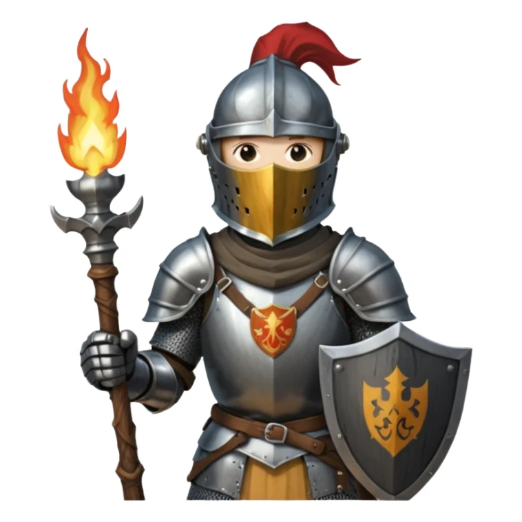 knight holding a short wooden torch in hand wearing darker, realistic iron armor, and a closed slitted helmet in dark souls style sticker