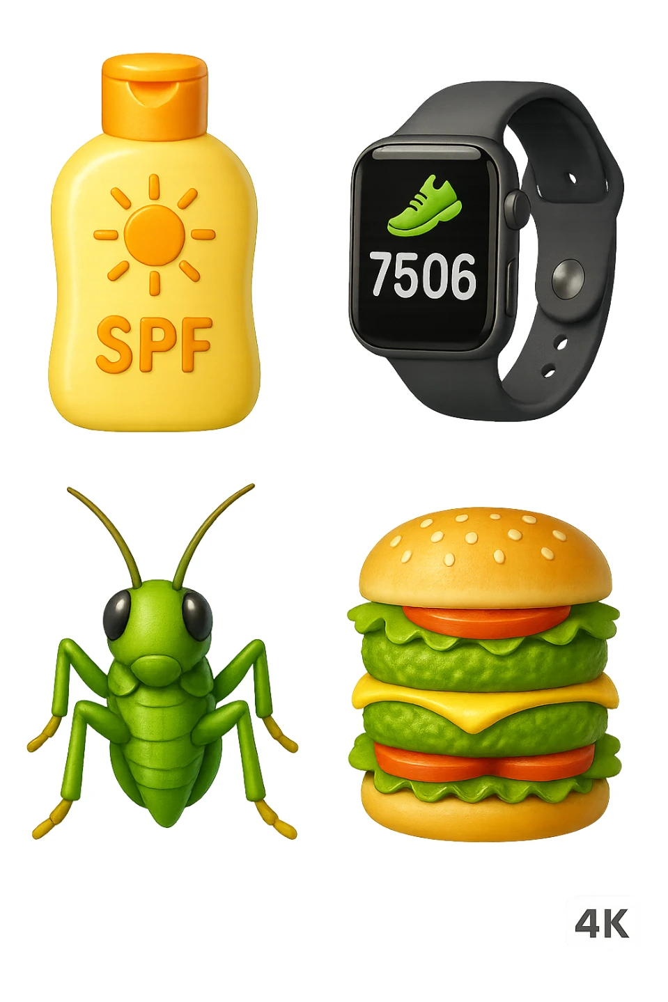 emoji stile iphone di una boccetta di CREMA SOLARE, UNO SMARTWATCH CONTAPASSI, UN GRILLO, UNA TORRETTA DI HAMBURGER FATTI CON I PISELLI, IPERREALISTICO 4K sticker