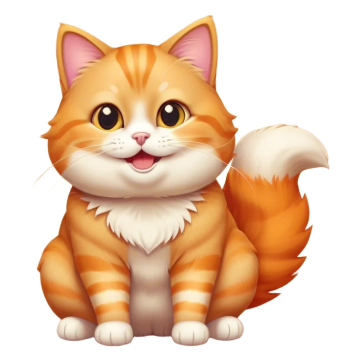A playful, chubby orange tabby cat with big round eyes, a fluffy tail, and a mischievous grin, sitting upright with one paw slightly raised, surrounded by a warm, glowing aura. Simple, cartoonish style with bold outlines and vibrant colors. sticker