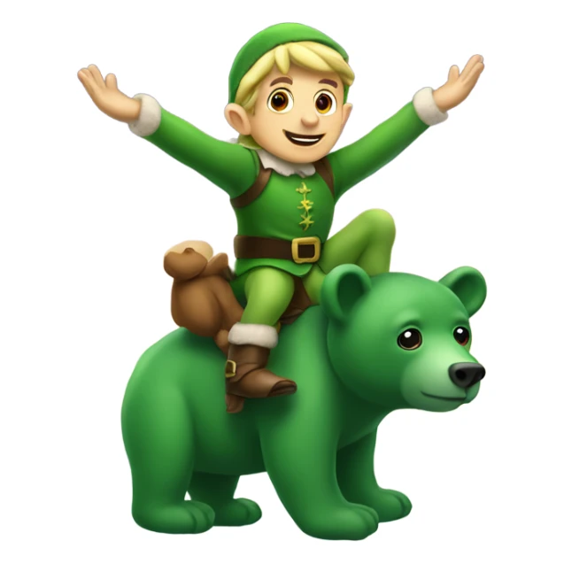 Elf with big hands riding a green bear in the sky  sticker