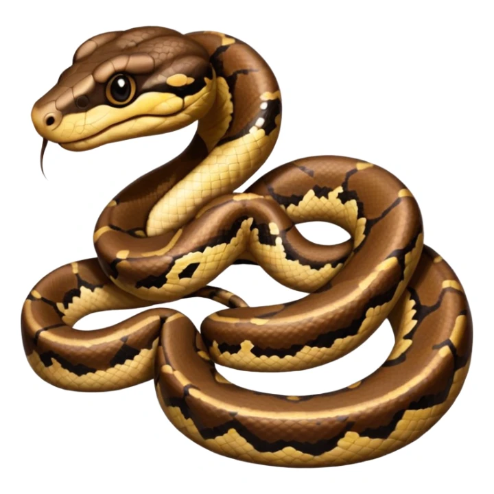 A photo-realistic top-down view of a Ball Python gently coiled into a tight spiral, with its head resting peacefully at the center. Its scales are warm brown with bold, irregular black markings, including the distinctive “alien-head” pattern, flowing smoothly along its body.  sticker