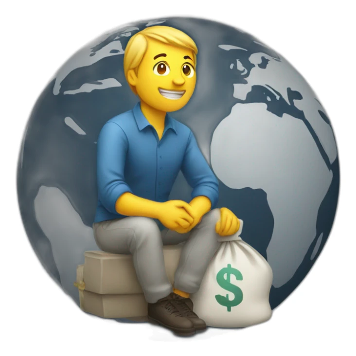 man sitting on globe with money bag sticker
