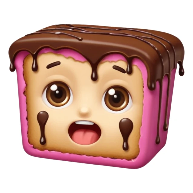 Rectangular chocolate mini pastry, slightly messy, wide shocked eyes, open mouth, chocolate dripping, text above: "ПАСТИЧКА", chibi style, Twitch emoji style, transparent background, colorful

 sticker