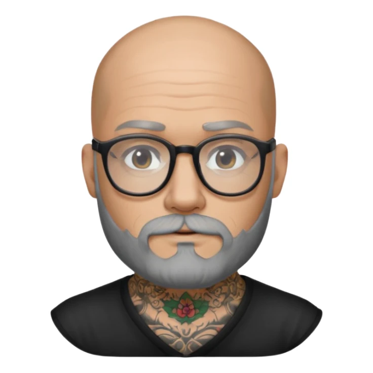 Bald man with salt and pepper beard and glasses and tattoos sticker