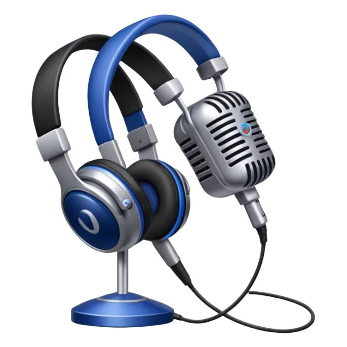 Create a sleek and professional emoji that represents voice acting and dubbing equipment. The design should feature a high-quality microphone, a sound mixer or audio interface, and headphones to symbolize the recording and technical process. Include elements like a soundproof booth or audio cables to reflect the studio environment. Use a modern, clean design with colors like silver, black, and dark blue to represent the professional side of voice acting. The background should be transparent. sticker