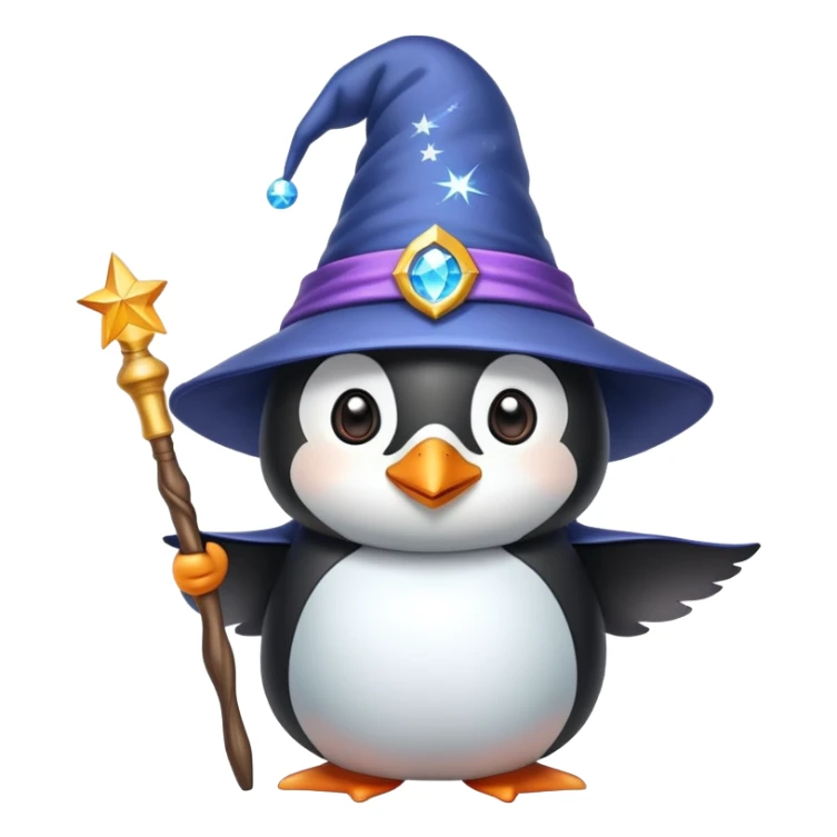 A cute penguin wearing a wizard hat and holding a magic wand sticker