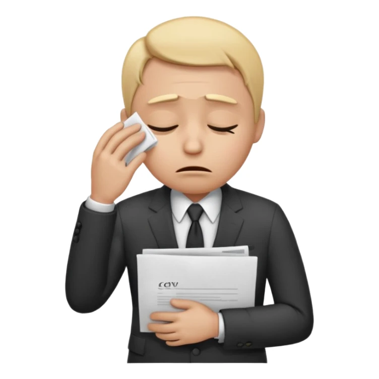  emoji character wearing a interview clothoes. face has a very sad crying, disappointed expression with drooping eyebrows and half-closed eyes. posture is dejected, with slumped shoulders. just rejected from  interview to get a job, holding CV. dont make it old person and dont specify any gender. sticker