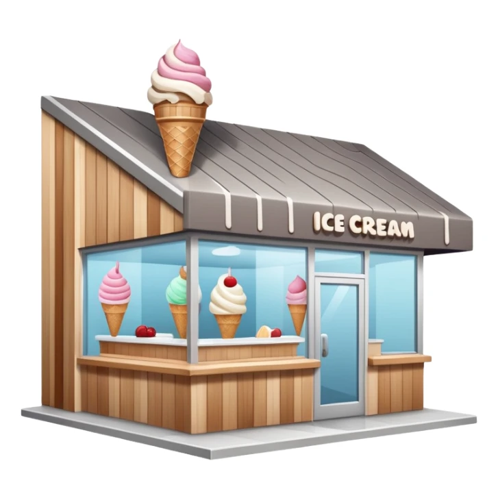 ice cream store at an angle, modern building wood, gray, white materials modern, at an angle sticker
