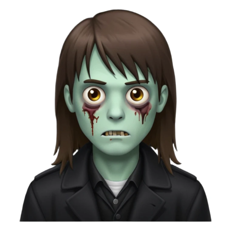 Zombie, emo guy with dark circles under his eyes and long brown hair with straight bangs, in a black long
 sticker