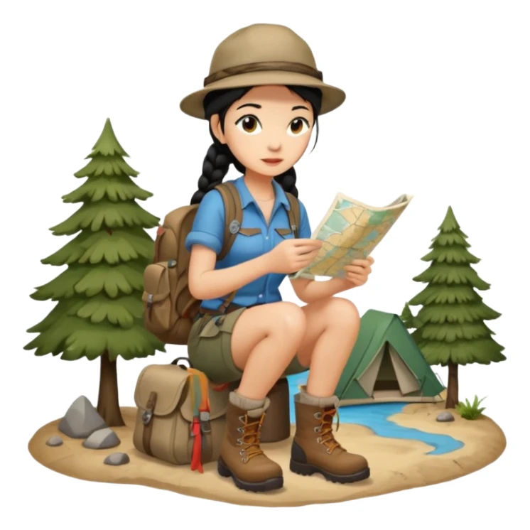 A braid black hair backpacking woman checking her map with curious eyes while walking wear camping hat and dirt covered boots full body sticker