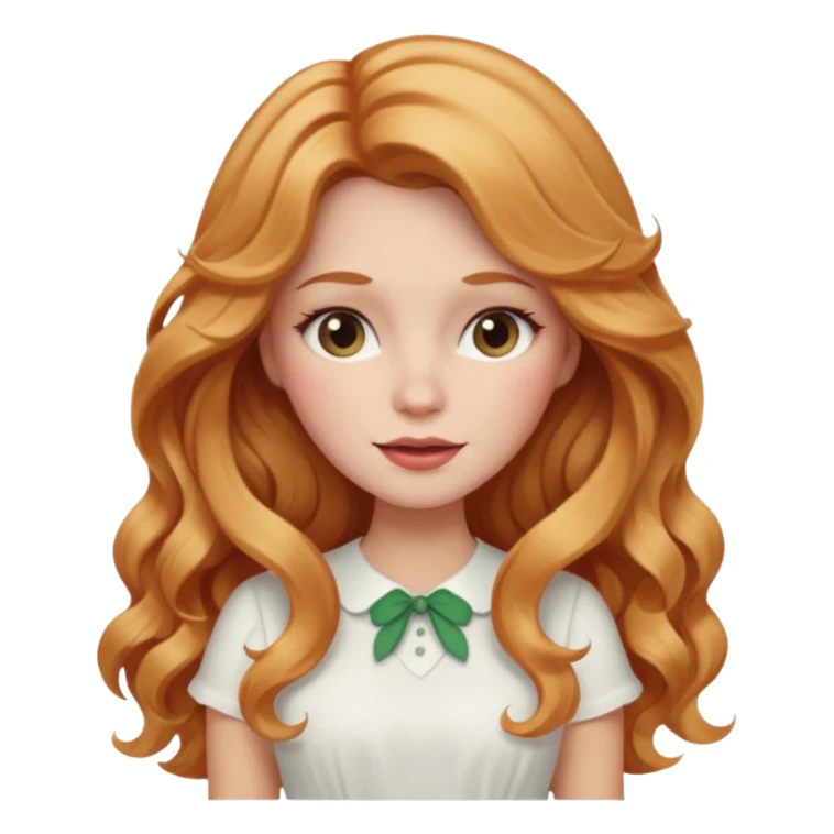 white woman  with strawberry blonde super long wavy hair, white skirt, blushed cheeks sticker