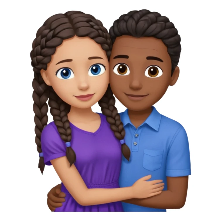 Boyfriend who is medium tan olive skinned with blue eyes and wavy straight brown hair in a blue shirt and his girlfriend who is dark skinned, juicy lipped with black braided hair and the two are hugging and smiling she’s wearing purple and she has black eyes sticker