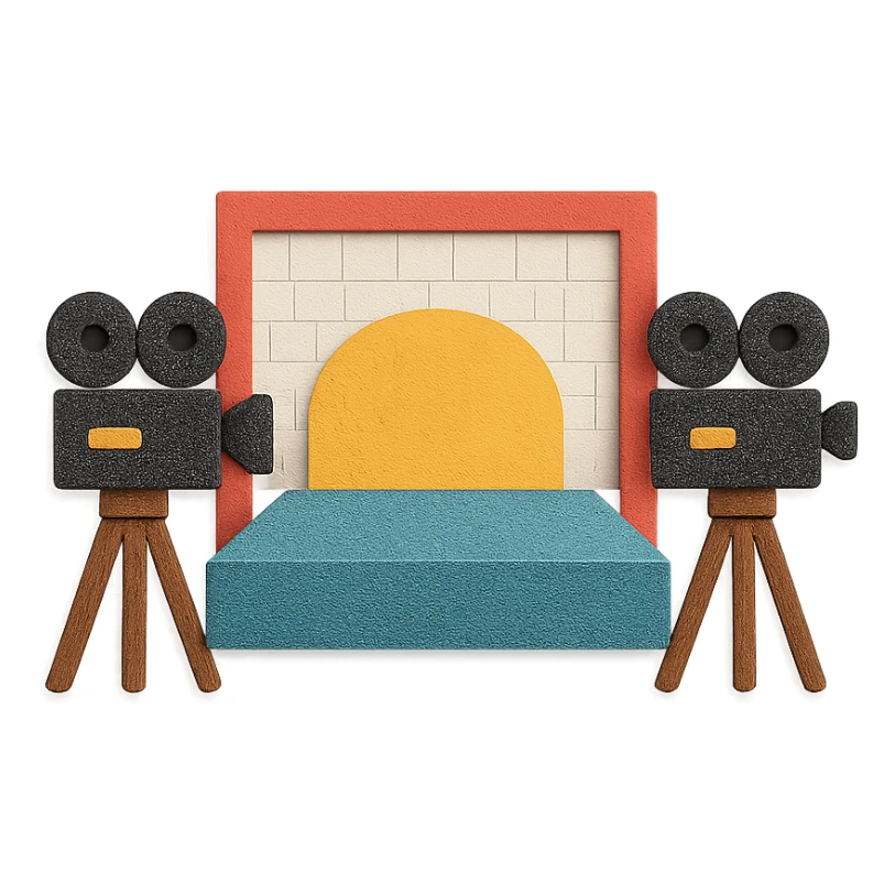 movie set with paper cutout look, cameras and stage sticker