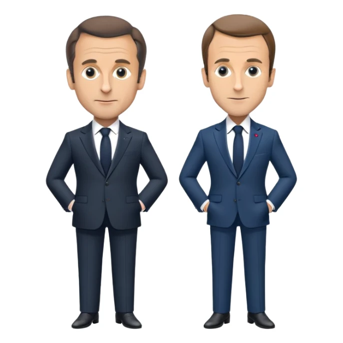 figures of Nicolas Sarkozy and Emmanuel Macron standing side by side, both with oversized heads and small bodies, wearing suits, highly recognizable faces, simplified details sticker